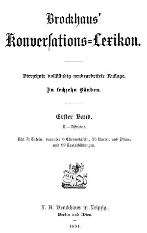 Brockhaus' Konversations-Lexikon, 1894-1897
Titelpagina deel 1