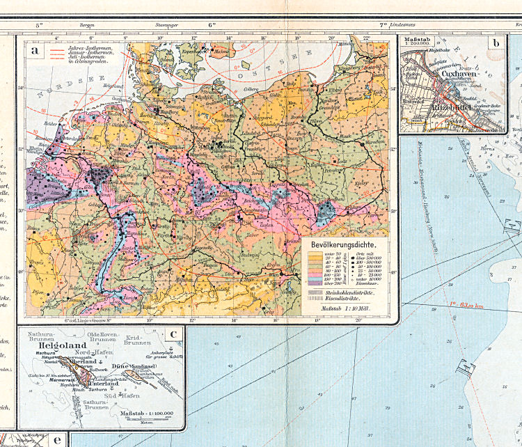 Sohr-Berghaus, Handatlas, 9. Aufl.
10a. Bevölkerungsdichte  10b. Cuxhaven-Ritzebüttel  10c. Helgoland
Bevolkingsdichtheid / Density of population, Cuxhaven-Ritzebüttel, Helgoland