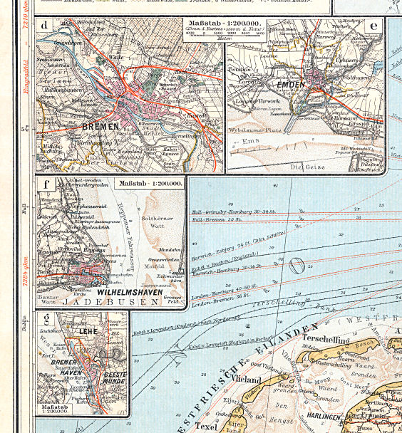 Sohr-Berghaus, Handatlas, 9. Aufl.
10d. Bremen  10e. Emden  10f. Wilhelmshaven 10g. Bremerhaven
Bremen, Emden, Wilhelmshaven, Bremerhaven