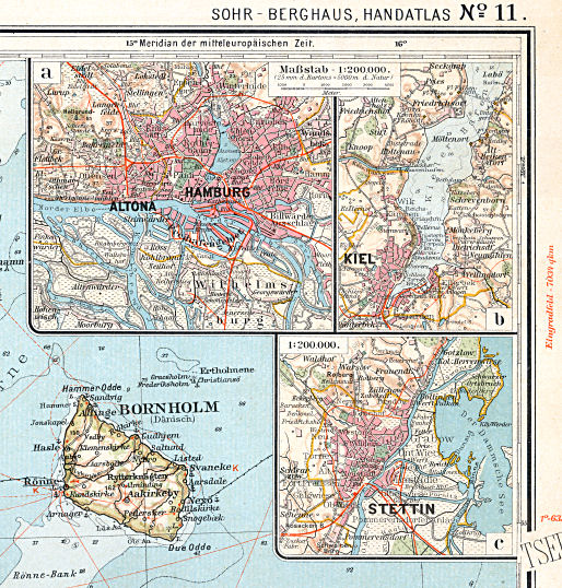 Sohr-Berghaus, Handatlas, 9. Aufl.
11a. Hamburg  11b. Kiel  11c. Stettin
Hamburg, Kiel, Stettin (Szczecin)