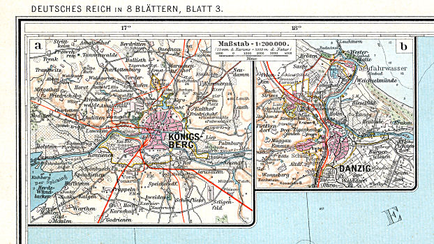 Sohr-Berghaus, Handatlas, 9. Aufl.
12a. Königsberg  12b. Danzig
Königsberg (Калининград = Kaliningrad), Danzig (Gdańsk)
