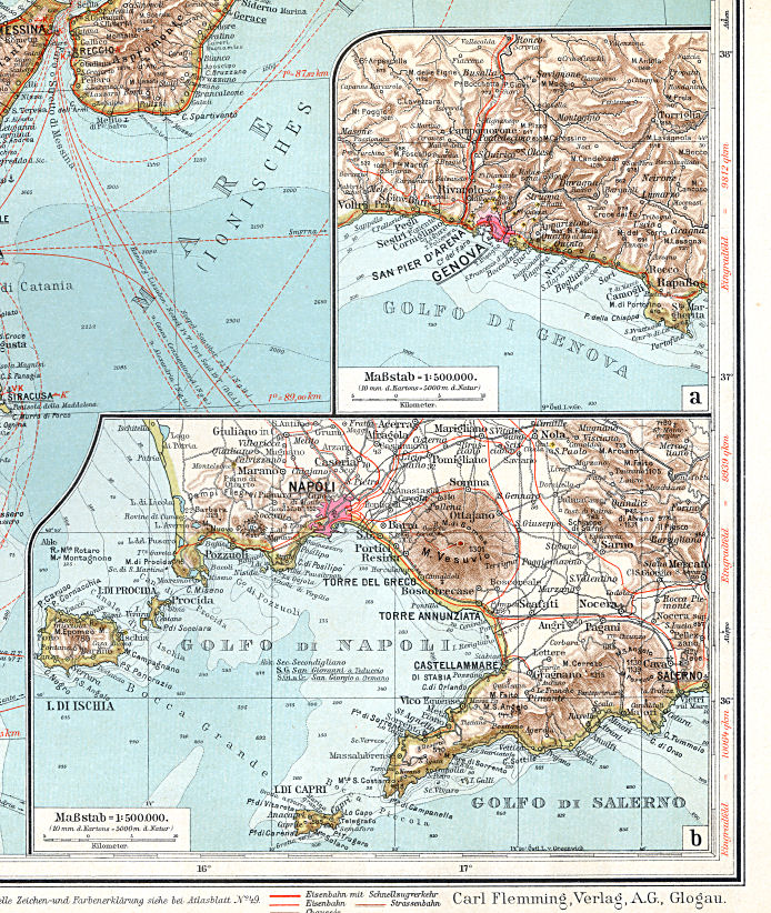 Sohr-Berghaus, Handatlas, 9. Aufl.
50a. Genova  50b. Napoli
Genua, Napels / Genoa, Naples