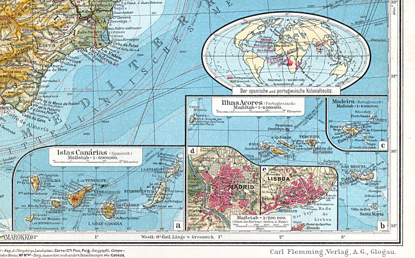 Sohr-Berghaus, Handatlas, 9. Aufl.
51a. Islas Canárias  51b. Ilhas Açores  51c. Madeira  51d. Madrid  51e. Lisboa
Canarische Eilanden, Azoren, Madeira, Madrid, Lissabon
Canary Islands, Azores, Madeira, Madrid, Lisbon