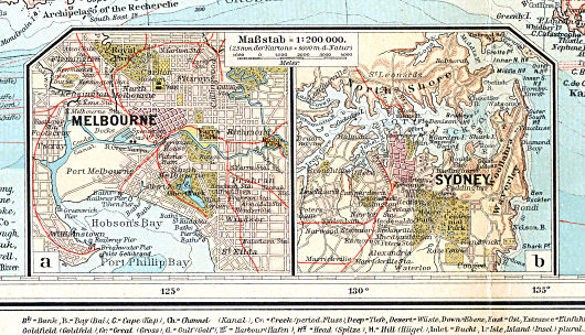 Sohr-Berghaus, Handatlas, 9. Aufl.
84a. Melbourne  84b. Sydney
Melbourne / Sydney