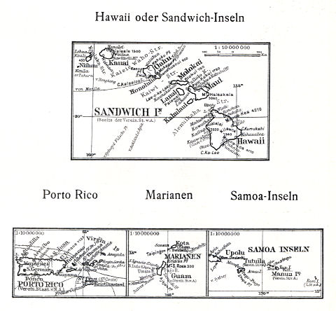 Ullsteins Weltatlas (1923)
39RB2. Hawaii oder Sandwich Inseln, Porto Rico, Marianen, Samoa-Inseln
Hawaï, Puerto Rico, Marianen, Samoa-eilanden
Hawaiian Islands, Puerto Rico, Mariana Islands, Samoan Islands