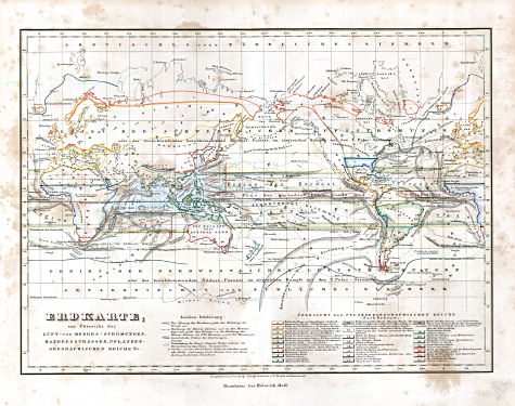 Glaser's Topisch-Physikalischer Atlas (1855)
3. Erdkarte, zur Übersicht der Luft- und Meeres-Strömungen, Handelsstrassen, Planzen-geographische Reiche &c.