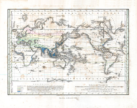 Glaser's Topisch-Physikalischer Atlas (1855)
4. Erdkarte, zur Übersicht der Verbreitungsbezirke der Getraide-Arten; wie auch des System’s der Isotherm-Kurven