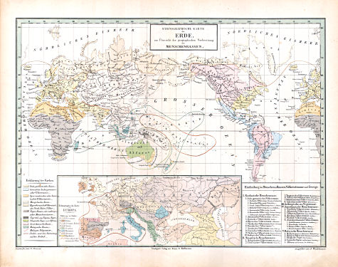 Glaser's Topisch-Physikalischer Atlas (1855)
10. Ethnographische Karte der Erde zur Übersicht der geographischen Verbreitung der Menschenrassen