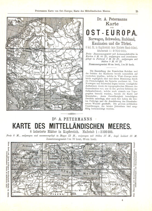 Katalog der Atlanten ... Justus Perthes. Gotha 1886
bladzijde 25 / page 25
Petermanns Karte von Ost-Europa; Karte des Mittelländischen Meeres