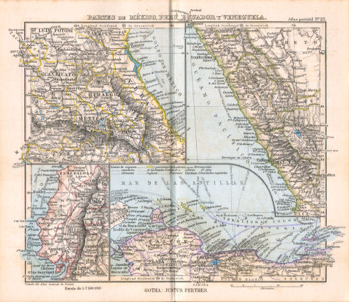 Perthes. Atlas portátil (1894)
25. Partes de México, Perú, Ecuador y Venezuela