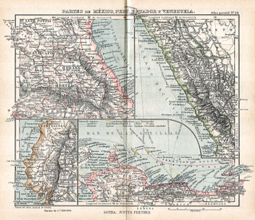 Perthes. Atlas portátil (1921)
24. Partes de México, Perú, Ecuador y Venezuela