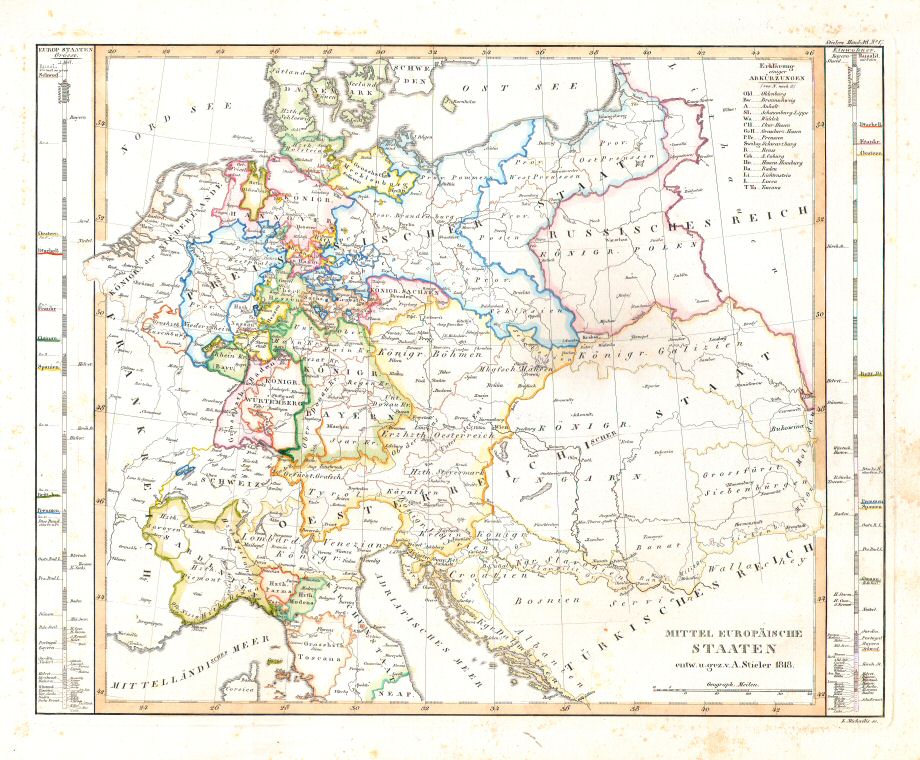 Stielers Hand-Atlas, 1831
17. Mittel Europäische Staaten (1818)
Midden-Europa, staatkundig / Central Europe, political (scan)