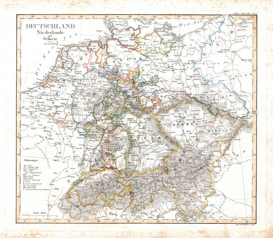 Stielers Hand-Atlas, 1831
19. Deutschland, Niederlande und Schweiz (1821)
Duitsland, Nederland en Zwitserland
Germany, Netherlands and Switzerland (scan)