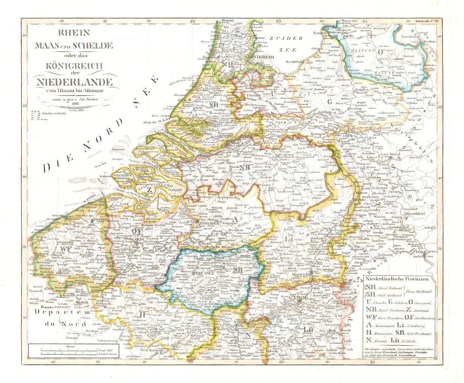 Stielers Hand-Atlas, 1831
29. Rhein Maas und Schelde oder das Königreich der Niederlande von Dinant bis Alkmaar (1823)
Rijn, Maas en Schelde of het Koninkrijk der Nederlanden van Dinant tot Alkmaar
Rhine, Meuse and Scheldt or the Kingdom of the Netherlands from Dinant to Alkmaar (scan)