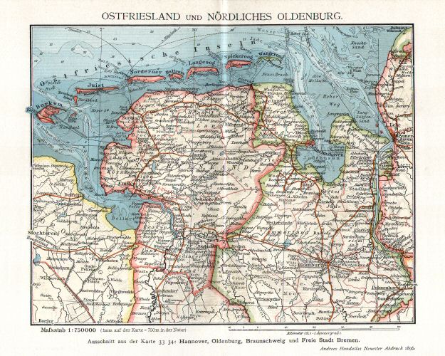 Prospectus Andrees Handatlas 1896
1. Ostfriesland und nördliches Oldenburg
Oost-Friesland en Noord-Oldenburg
East Frisia and North Oldenburg