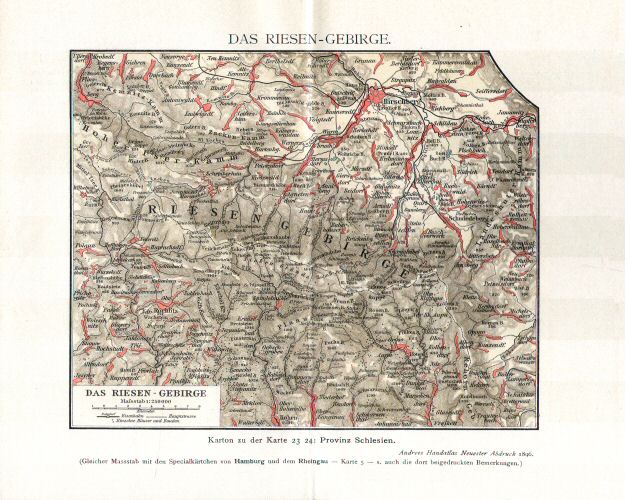 Prospectus Andrees Handatlas 1896
4. Das Riesen-Gebirge
Het Reuzengebergte / The Giant Mountains
(Karkonosze, Krkonoše)