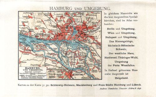 Prospectus Andrees Handatlas 1896
5.2. Hamburg und Umgebung
Hamburg en omgeving / Hamburg and environs