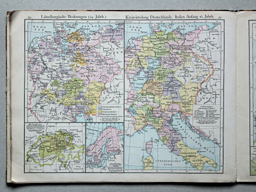 Putzgers Historischer Schul-Atlas, Österreich, 1887
20. Lützelburgische Besitzungen (14. Jahrhundert)
21. Kreiseinteilung Deutschlands. Italien Anfang 16. Jahrhunderts