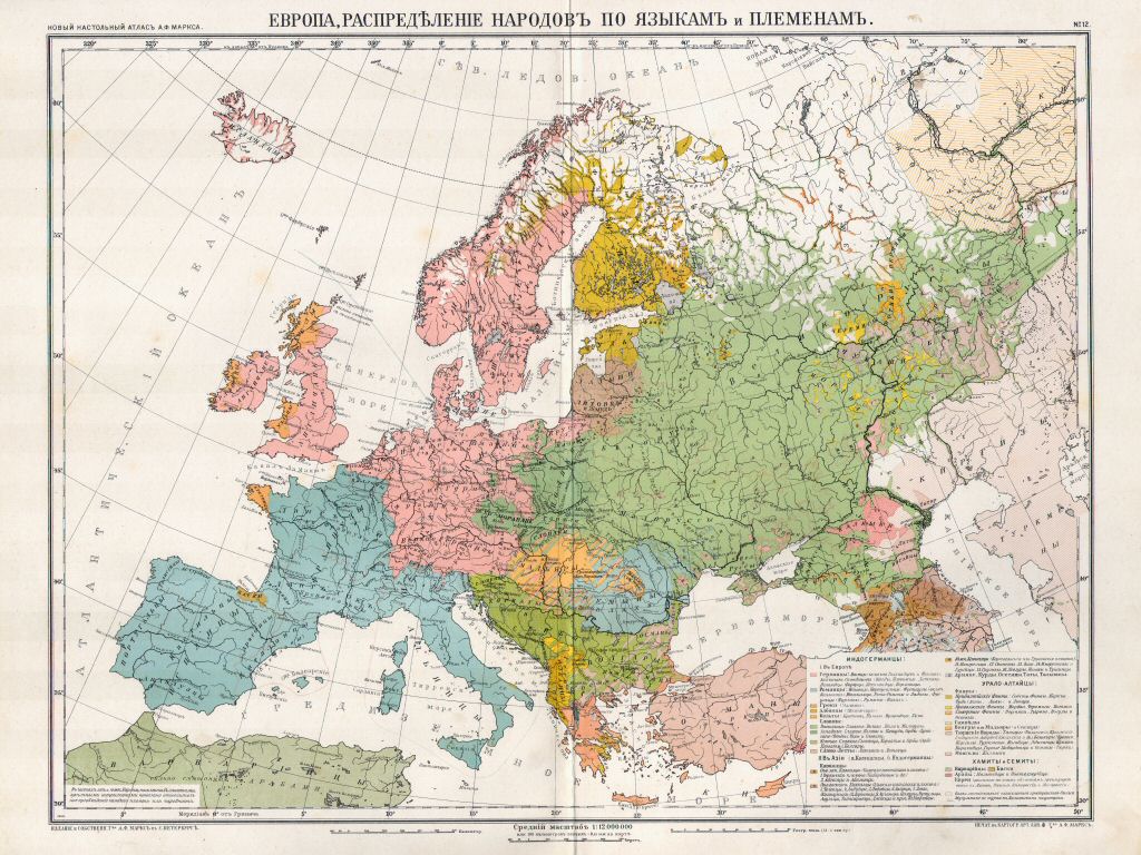 Атласъ Маркса / Atlas Marksa 1910
12. Европа, распредѣленіе народовъ по языкамъ и племенамъ
Europa, verdeling van de volkeren naar talen en rassen
Europe, distribution of population after languages and races