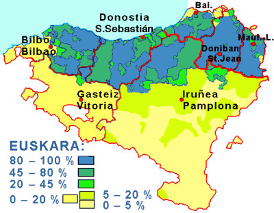 Het Baskische taalgebied. Met dank aan: Wikipedia